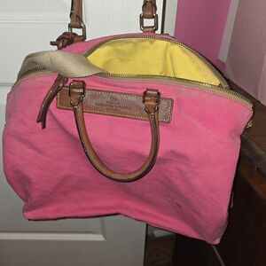Canvas Satchel Handbag in Pink with Brown Trim Dooney Bourke